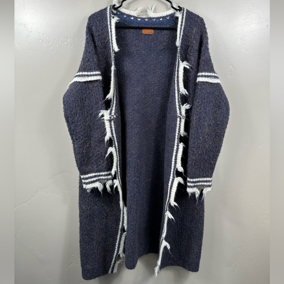 POL Cardigan Sweater Distressed Torn Blue Bohemian Small Rabbit Hair Blend - Picture 3 of 7